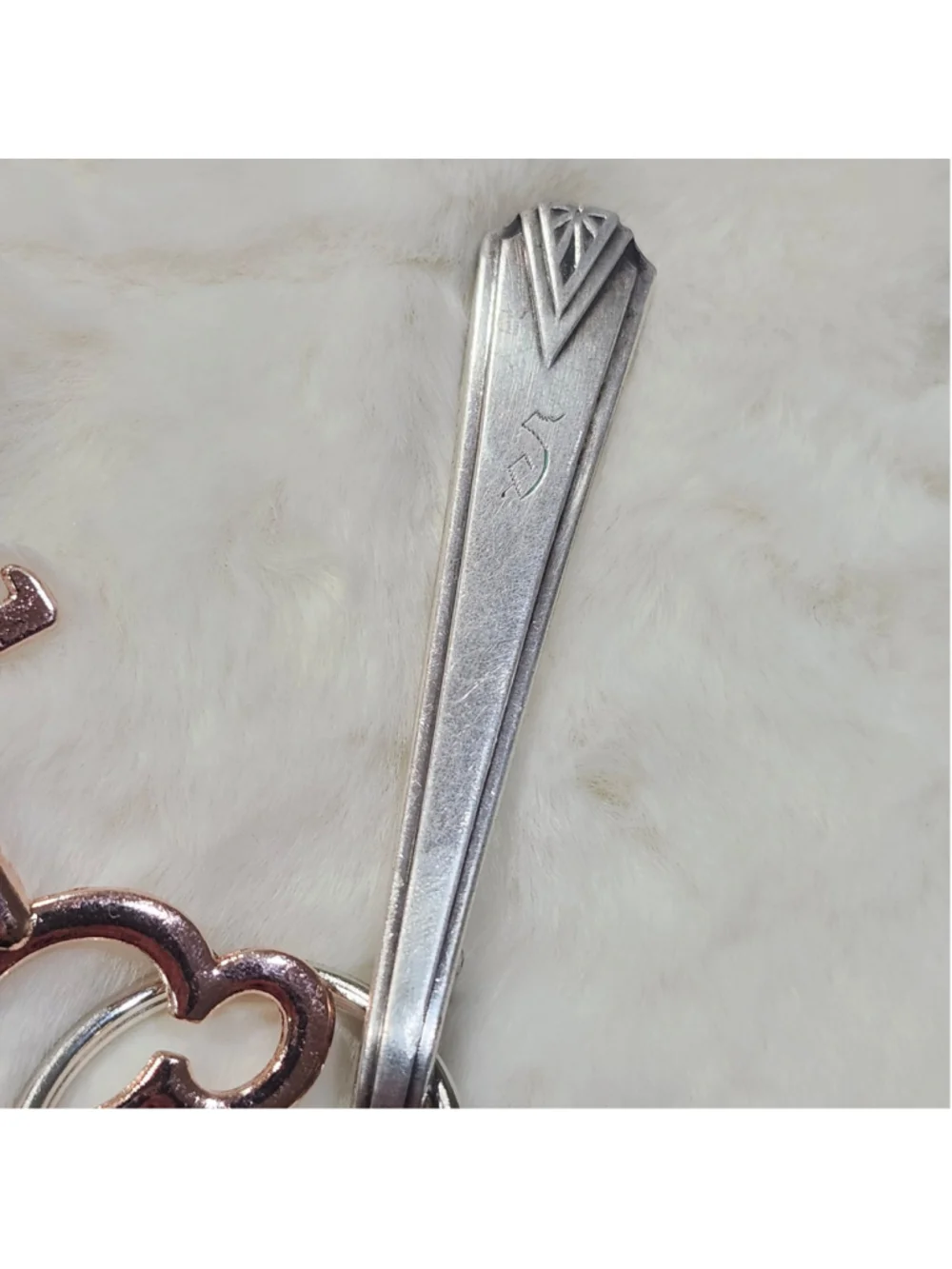 S Engraved Spoon Handle Keychain with key charm